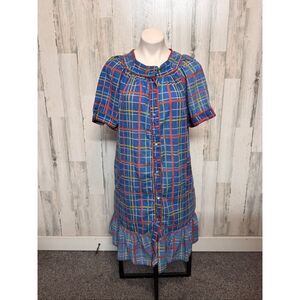 Vintage Spotlight Blue Plaid Button Down Ruffle Hem Dress – Size XL